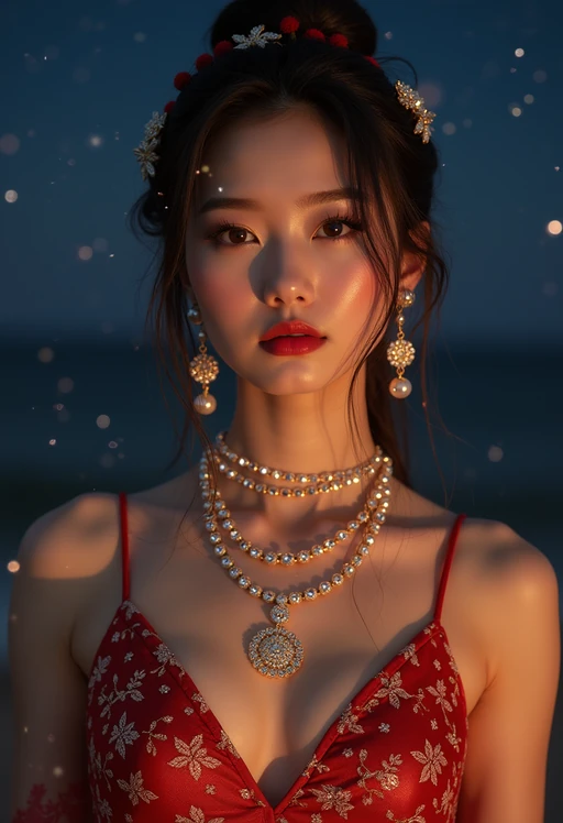 model with magnetic appeal, adorned in if(gender=f){sparkling jewelry} if(gender=m){luxurious cufflinks}, against a starry night backdrop