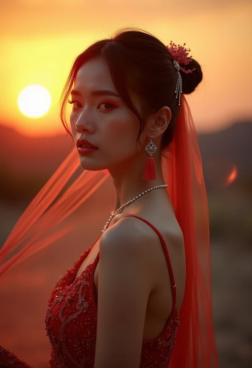 model in if(gender=f){sophisticated evening wear} if(gender=m){dapper suit}, radiating allure under the soft glow of a sunset