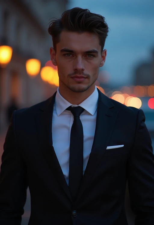 model with enticing gaze, adorned with if(gender=f){a delicate lace outfit} if(gender=m){sharp, stylish suit} against a twilight backdrop