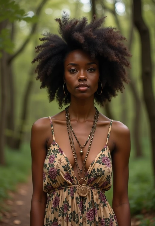 model with enticing allure in if(gender=f){flowy bohemian dress} if(gender=m){rugged outdoor outfit} in a serene forest setting