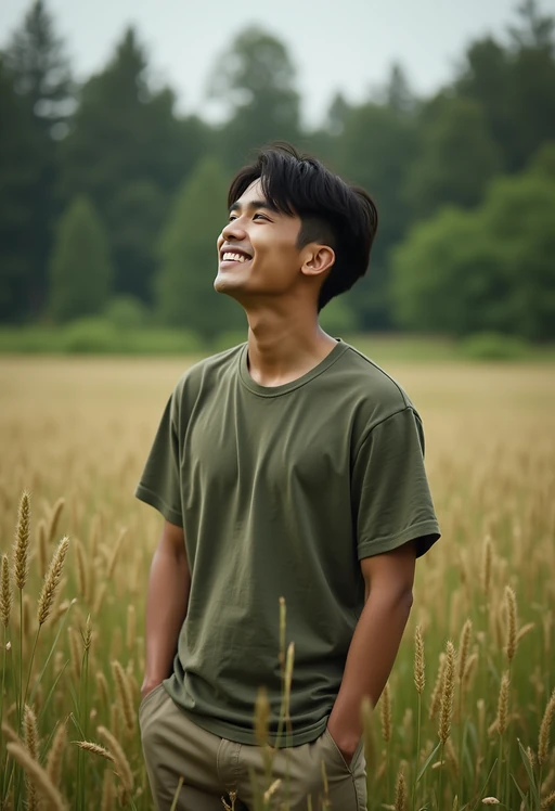 model outside in nature in forest or jungle or a field of wheat enjoying the natural world
