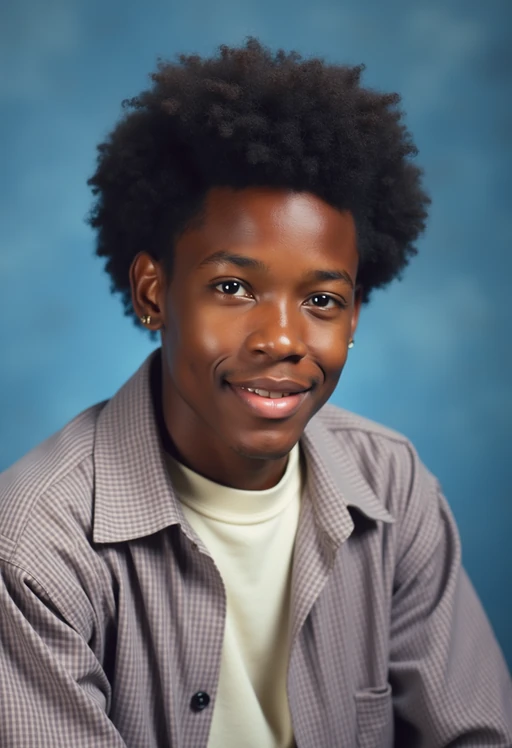 (school portrait) photo headshot of a young 18 y o model in 1990s style, nineties style, 90s, 1990s fashion, 1990s hair, school, model is sitting and posing for a (yearbook) picture, blue yearbook background, official school yearbook photo, model sitting (looking straight into camera), (school shoot), (inside), blue yearbook background