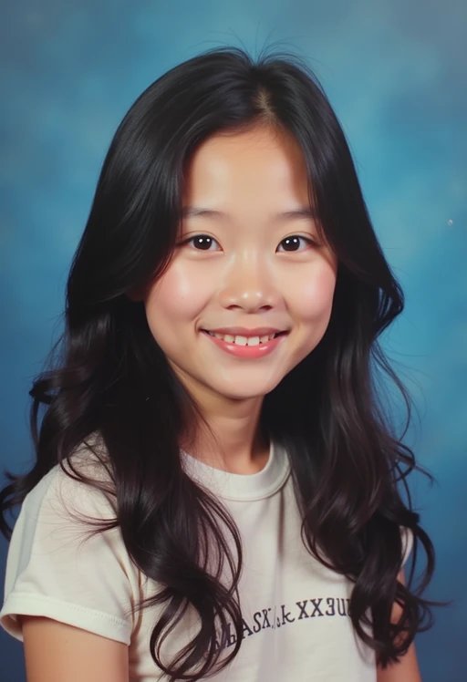 (school portrait) photo headshot of a young 18 y o model in 1990s style, nineties style, 90s, 1990s fashion, 1990s hair, school, model is sitting and posing for a (yearbook) picture, blue yearbook background, official school yearbook photo, model sitting (looking straight into camera), (school shoot), (inside), blue yearbook background