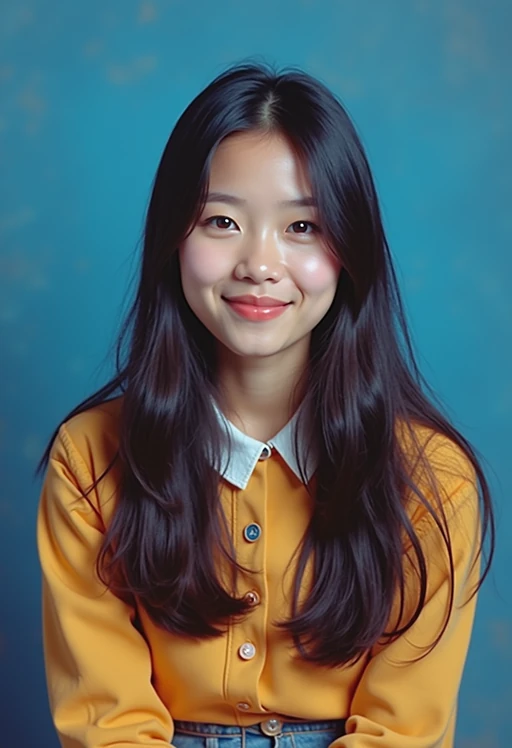 (school portrait) photo headshot of a young 18 y o model in 1990s style, nineties style, 90s, 1990s fashion, 1990s hair, school, model is sitting and posing for a (yearbook) picture, blue yearbook background, official school yearbook photo, model sitting (looking straight into camera), (school shoot), (inside), blue yearbook background