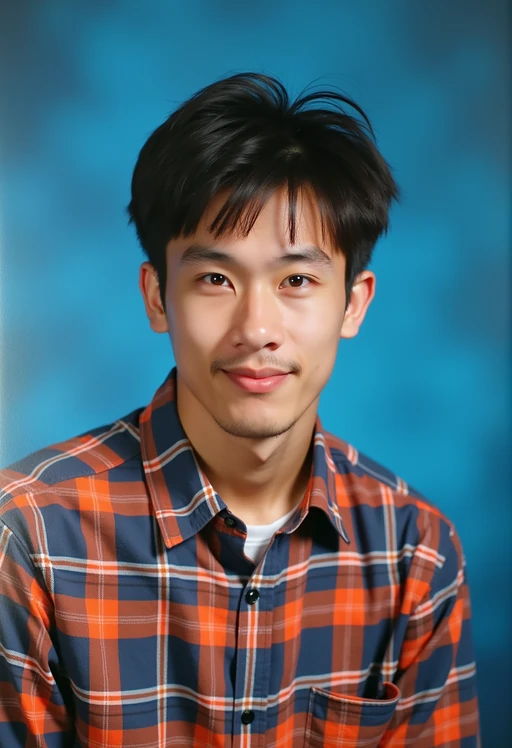(school portrait) photo headshot of a young 18 y o model in 1990s style, nineties style, 90s, 1990s fashion, 1990s hair, school, model is sitting and posing for a (yearbook) picture, blue yearbook background, official school yearbook photo, model sitting (looking straight into camera), (school shoot), (inside), blue yearbook background