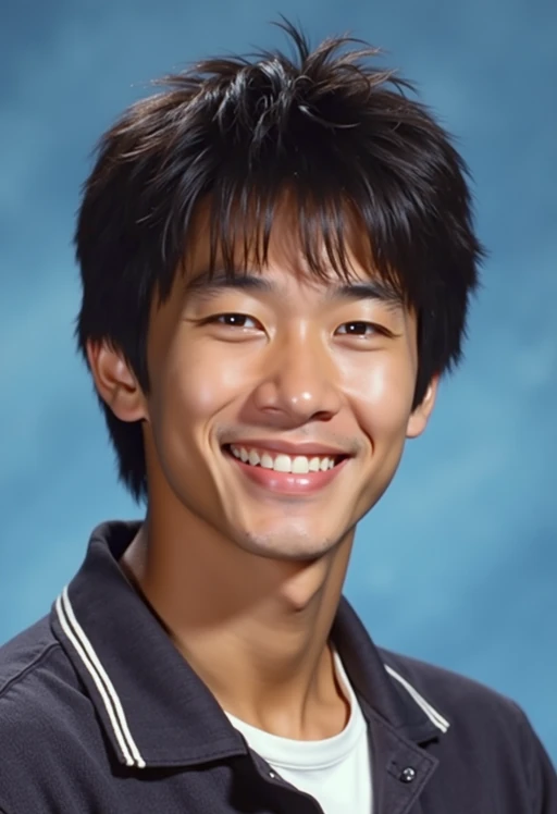 (school portrait) photo headshot of a young 18 y o model in 1990s style, nineties style, 90s, 1990s fashion, 1990s hair, school, model is sitting and posing for a (yearbook) picture, blue yearbook background, official school yearbook photo, model sitting (looking straight into camera), (school shoot), (inside), blue yearbook background