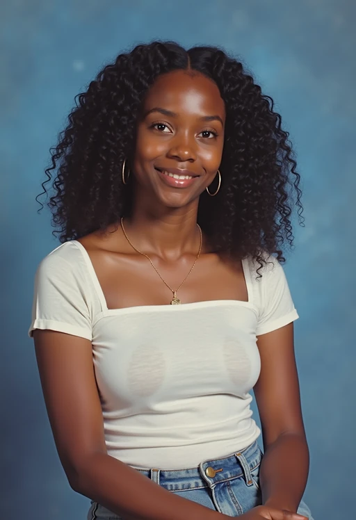 (school portrait) photo headshot of a young 18 y o model in 1990s style, nineties style, 90s, 1990s fashion, 1990s hair, school, model is sitting and posing for a (yearbook) picture, blue yearbook background, official school yearbook photo, model sitting (looking straight into camera), (school shoot), (inside), blue yearbook background