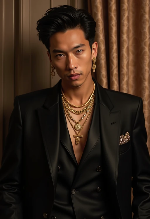 beautiful model as a mobster, mafia, mafia outfit, tailored suits, chunky gold jewelry, mafia aesthetic, flashy, glamorous, luxury, loud, Goodfellas, The Sopranos, Mob Wives, opulence, confidence