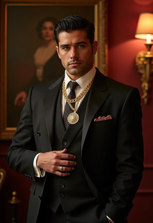 beautiful model as a mobster, mafia, mafia outfit, tailored suits, chunky gold jewelry, mafia aesthetic, flashy, glamorous, luxury, loud, Goodfellas, The Sopranos, Mob Wives, opulence, confidence