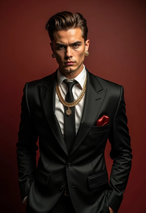 beautiful model as a mobster, mafia, mafia outfit, tailored suits, chunky gold jewelry, mafia aesthetic, flashy, glamorous, luxury, loud, Goodfellas, The Sopranos, Mob Wives, opulence, confidence
