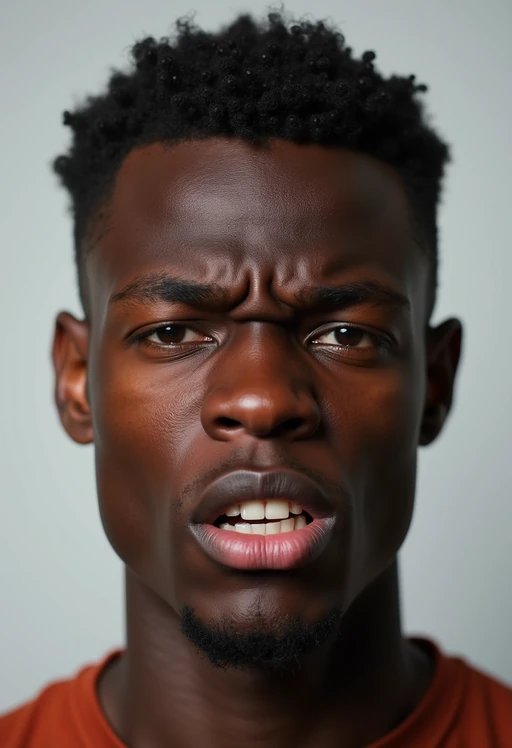 headshot of angry furious rage model, plain background