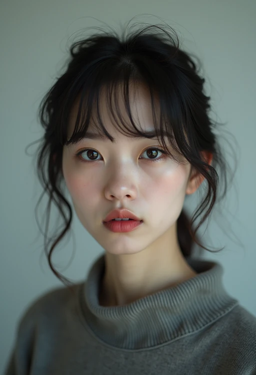 headshot of sad unhppy miserable depressed sorrow model, plain background