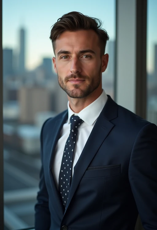 8k professional headshot of model, crisp details, studio backdrop, executive attire, confident posture, neutral expression, high-definition, corporate setting, sharp focus, ambient lighting, business professional, cityscape view