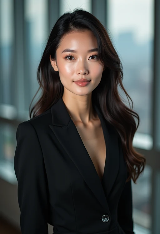 8k professional headshot of model, crisp details, studio backdrop, executive attire, confident posture, neutral expression, high-definition, corporate setting, sharp focus, ambient lighting, business professional, cityscape view