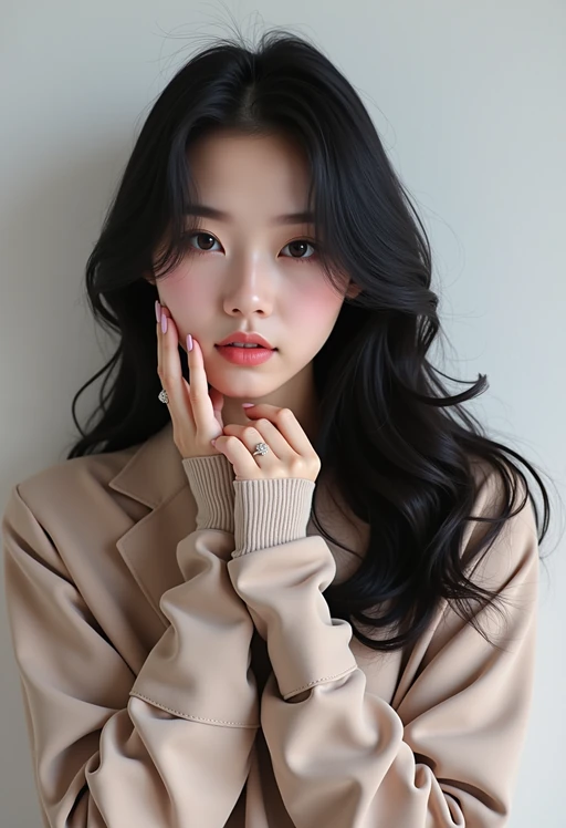 Korean model (with black hair) (as korean kpop k-pop idol) posing for photo, wearing Korean clothes, Korean fashion, Korean fashion, Korean makeup, (in front of solid background)