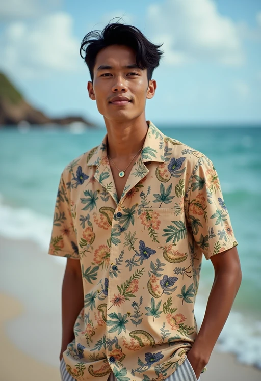 model wearing if(gender=f){summer dress} if(gender=m){hawaii shirt} in try on fashion shoot for Zara Shein H&M