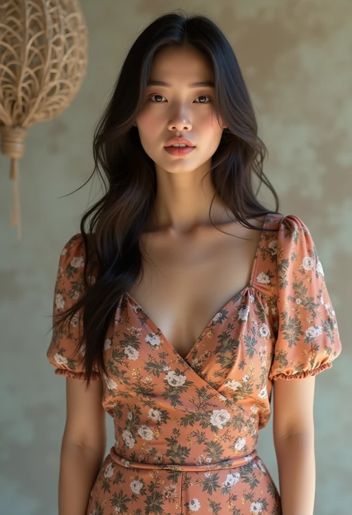 model wearing if(gender=f){silk floral dress} if(gender=m){floral silk shirt} in try on fashion shoot for Zara Shein H&M