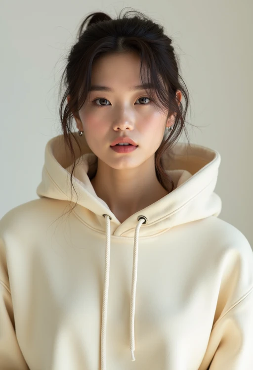 model wearing if(gender=f){cropped cream hoodie} if(gender=m){cream hoodie} in try on fashion shoot for Zara Shein H&M