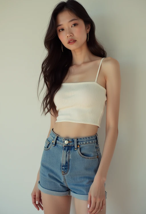 model wearing if(gender=f){crop top and denim shorts} if(gender=m){t-shirt and gym shorts} in try on fashion shoot for Zara Shein H&M