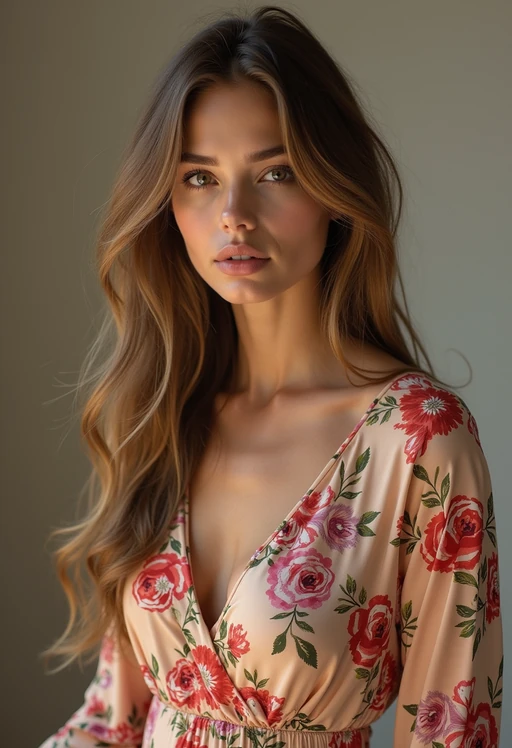 model wearing if(gender=f){silk floral dress} if(gender=m){floral silk shirt} in try on fashion shoot for Zara Shein H&M
