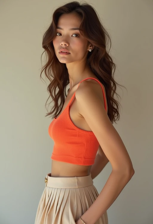 model wearing if(gender=f){crop top and short pleated skirt} if(gender=m){t-shirt and pants} in try on fashion shoot for Zara Shein H&M