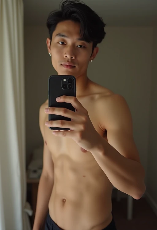 beautiful model taking a selfie in bedroom mirror