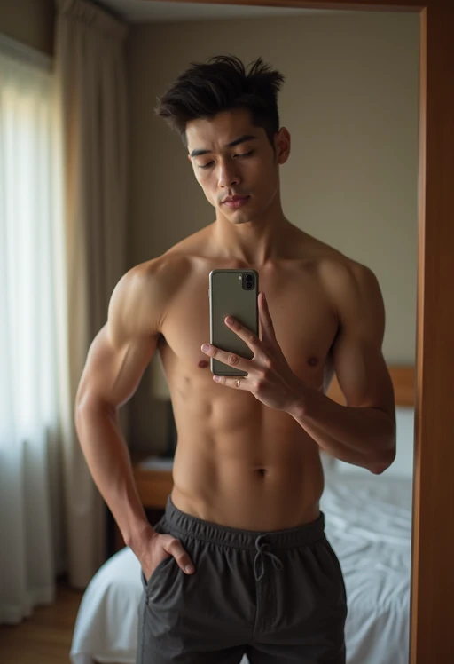 beautiful model taking a selfie in bedroom mirror