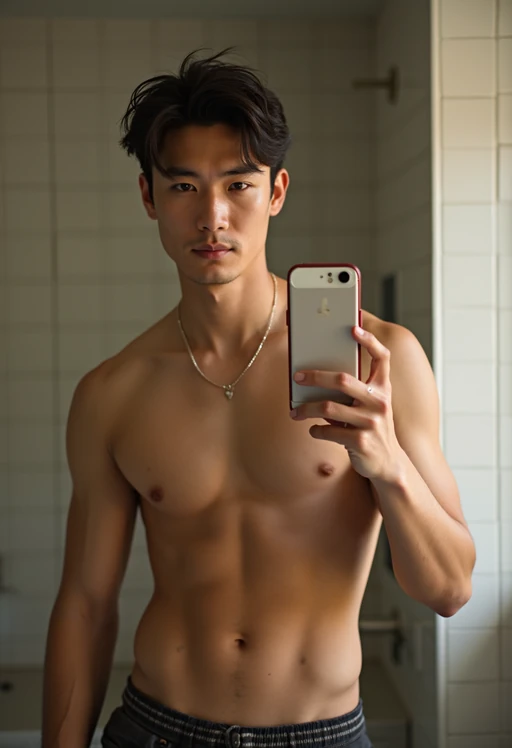 beautiful model taking a selfie in bathroom mirror