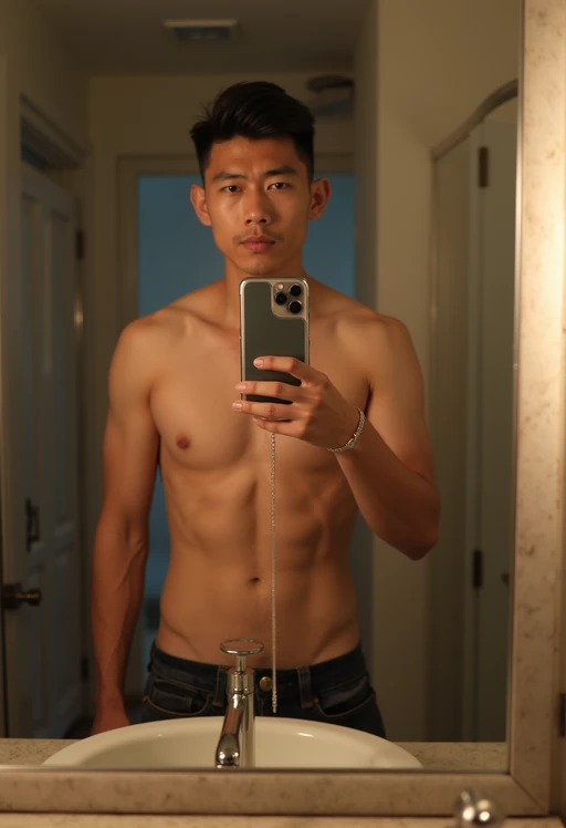 beautiful model taking a selfie in bathroom mirror
