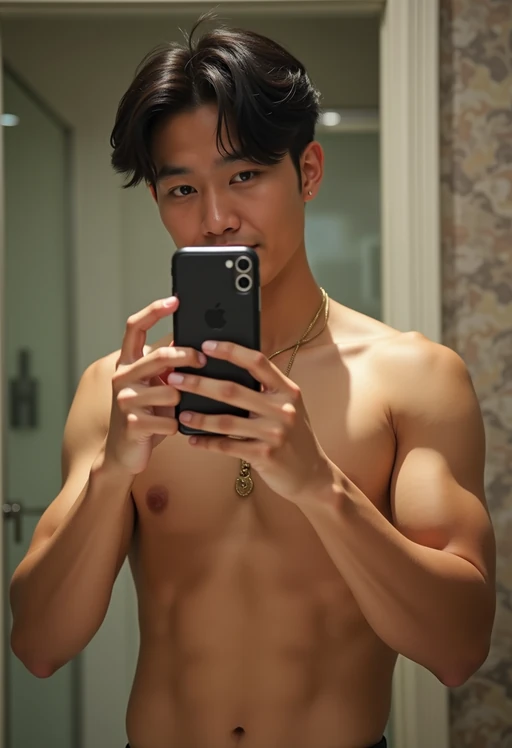 beautiful model taking a selfie in bathroom mirror