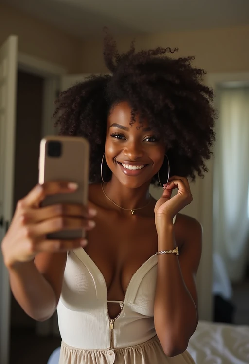 beautiful model taking a selfie in bedroom mirror