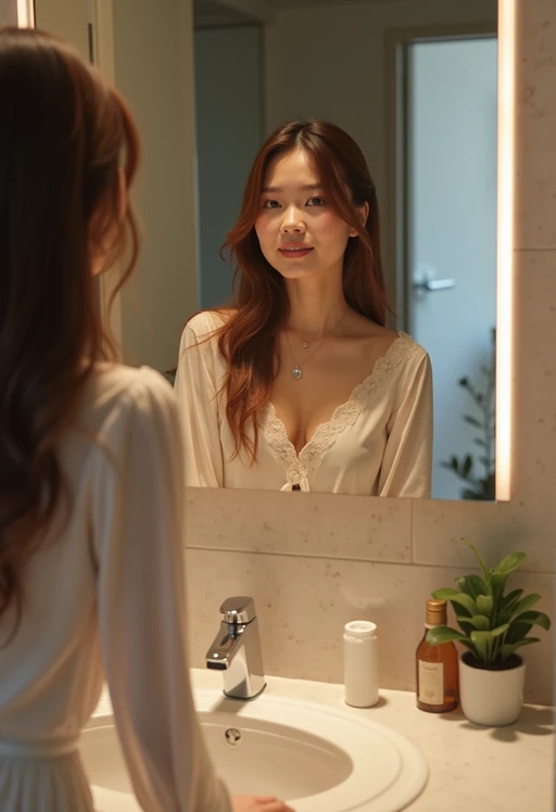beautiful model taking a selfie in bathroom mirror