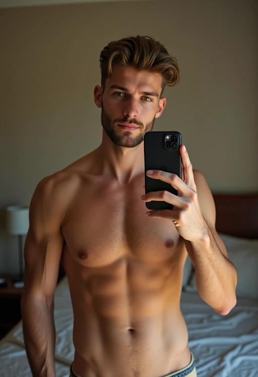 beautiful model taking a selfie in bedroom mirror