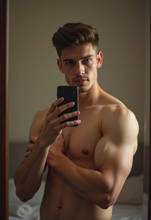 beautiful model taking a selfie in bedroom mirror