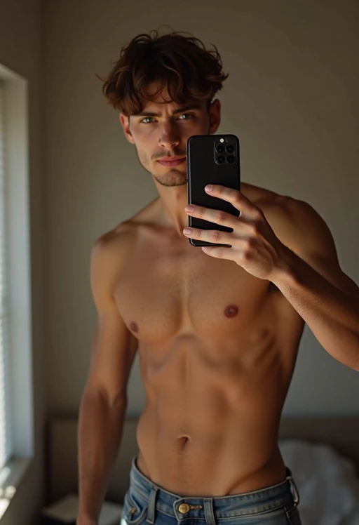 beautiful model taking a selfie in bedroom mirror