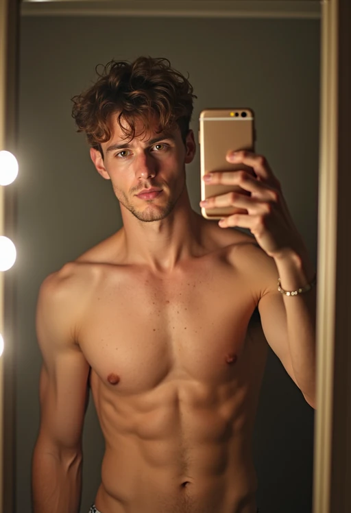 beautiful model taking a selfie in bathroom mirror