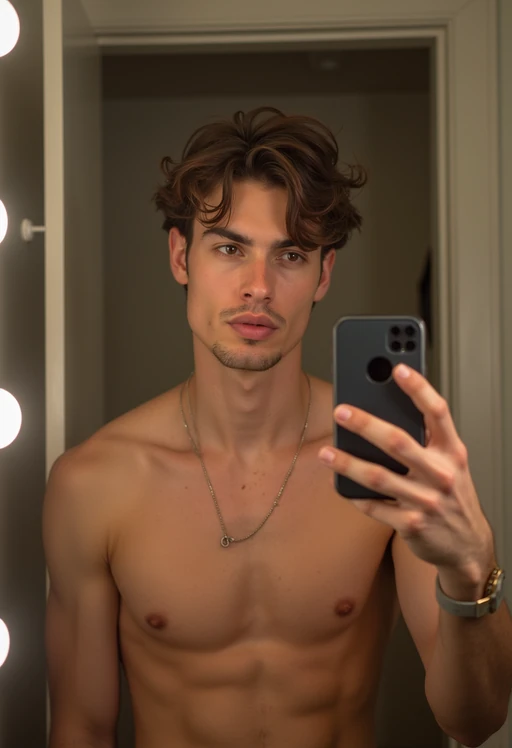 beautiful model taking a selfie in bathroom mirror
