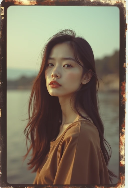 model in polaroid classic photograph posing for photo outside