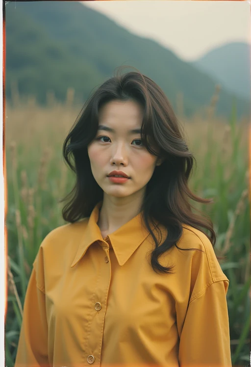 model in polaroid classic photograph posing for photo outside