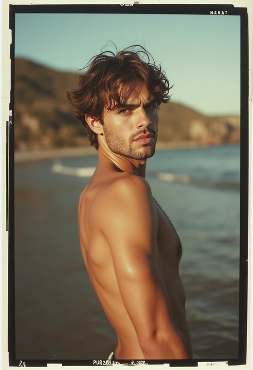 model in polaroid classic photograph posing for photo outside
