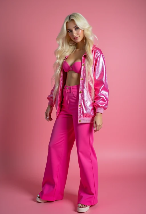full body shot of sexy model dressed up in full hot pink with Barbie clothes platinum blonde hair, hot pink style