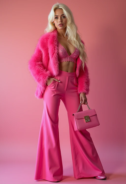 full body shot of sexy model dressed up in full hot pink with Barbie clothes platinum blonde hair, hot pink style