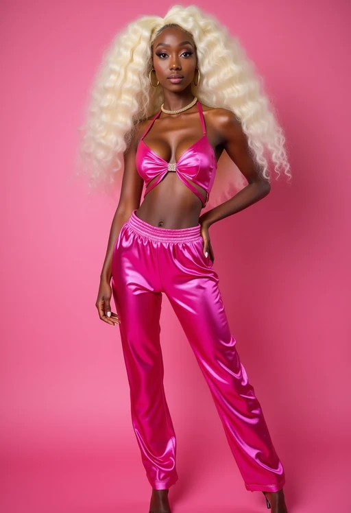 full body shot of sexy model dressed up in full hot pink with Barbie clothes platinum blonde hair, hot pink style