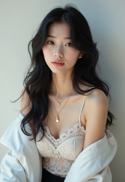 Korean model (with black hair) (as korean kpop k-pop idol) posing for photo, wearing Korean clothes, Korean fashion, Korean fashion, Korean makeup, (in front of solid background)