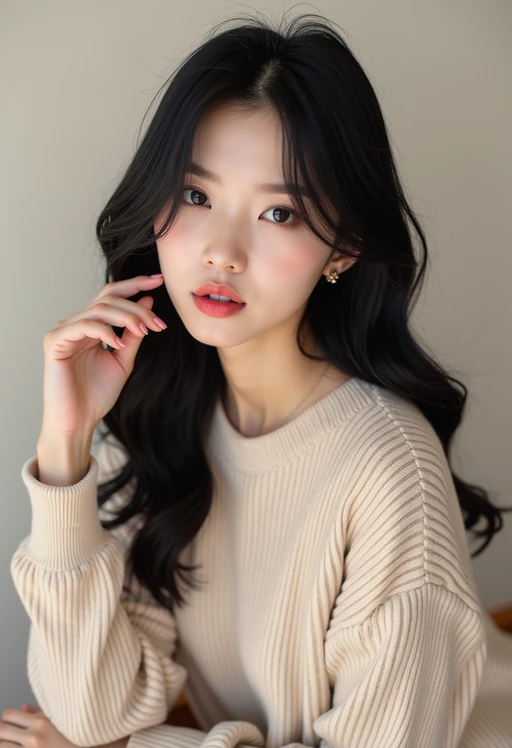 Korean model (with black hair) (as korean kpop k-pop idol) posing for photo, wearing Korean clothes, Korean fashion, Korean fashion, Korean makeup, (in front of solid background)