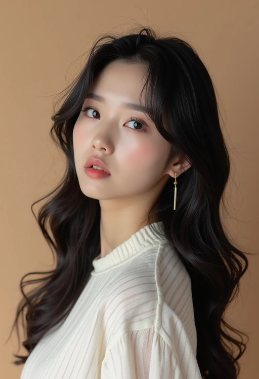 Korean model (with black hair) (as korean kpop k-pop idol) posing for photo, wearing Korean clothes, Korean fashion, Korean fashion, Korean makeup, (in front of solid background)