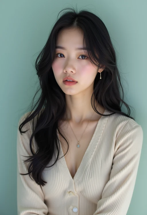 Korean model (with black hair) (as korean kpop k-pop idol) posing for photo, wearing Korean clothes, Korean fashion, Korean fashion, Korean makeup, (in front of solid background)