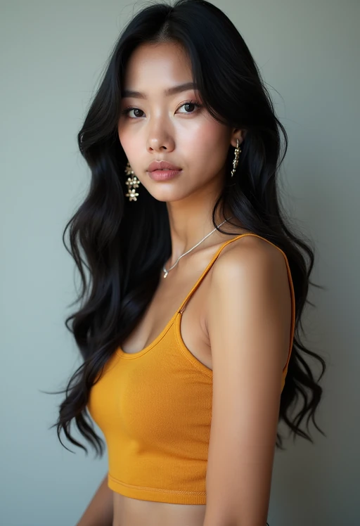 Korean model (with black hair) (as korean kpop k-pop idol) posing for photo, wearing Korean clothes, Korean fashion, Korean fashion, Korean makeup, (in front of solid background)
