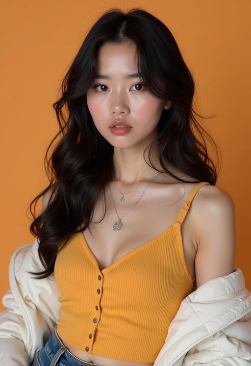 Korean model (with black hair) (as korean kpop k-pop idol) posing for photo, wearing Korean clothes, Korean fashion, Korean fashion, Korean makeup, (in front of solid background)