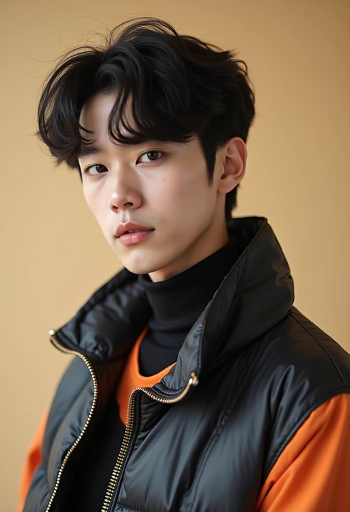 Korean model (with black hair) (as korean kpop k-pop idol) posing for photo, wearing Korean clothes, Korean fashion, Korean fashion, Korean makeup, (in front of solid background)
